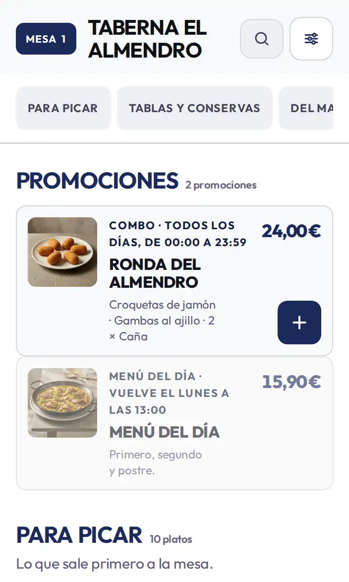 La misma carta ya montada en el teléfono: la cabecera con la mesa, las promociones del día y los platos con su foto, su precio y sus alérgenos.