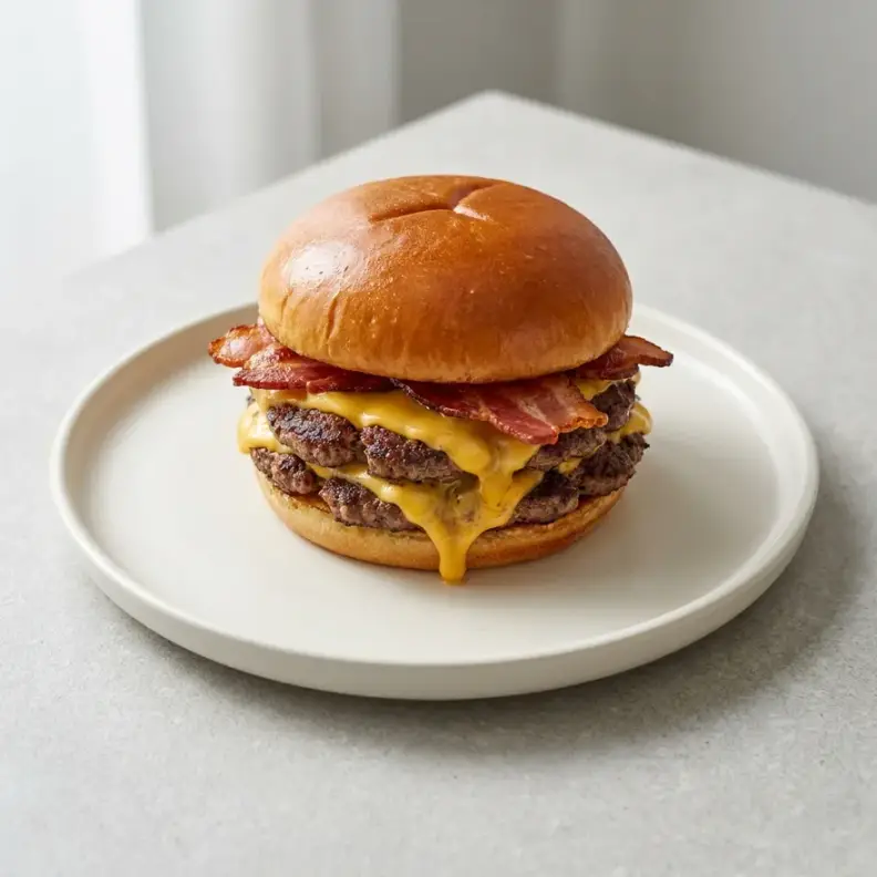 La misma hamburguesa en estilo luminoso: plato blanco y luz de día difusa.
