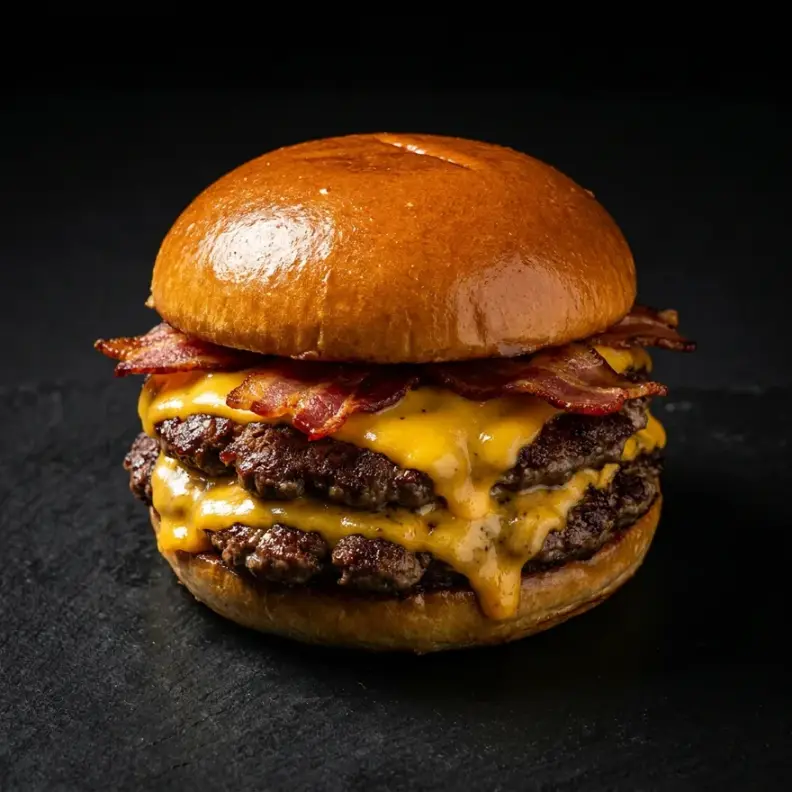 La misma hamburguesa en estilo nocturno: pizarra negra y luz dura desde arriba.