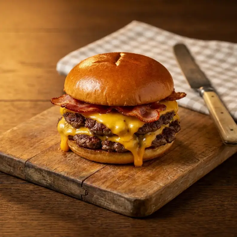 La misma hamburguesa en estilo taberna: tabla de madera y luz cálida lateral.