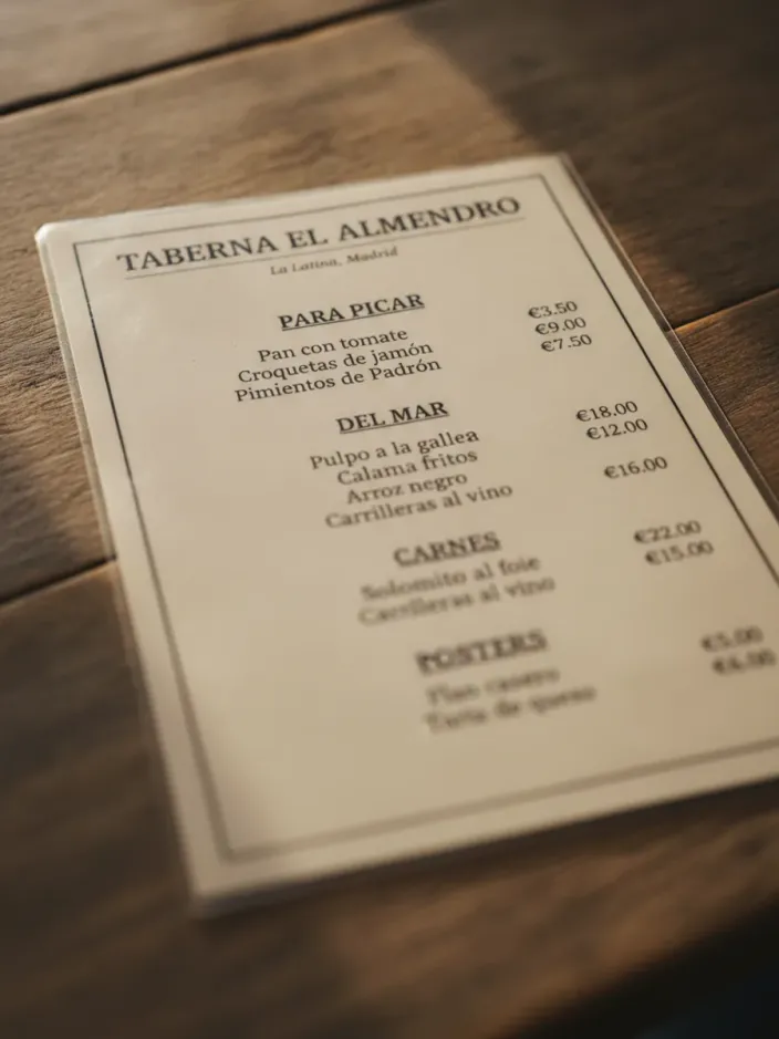 Carta de papel de Taberna El Almendro, antes de digitalizarla.
