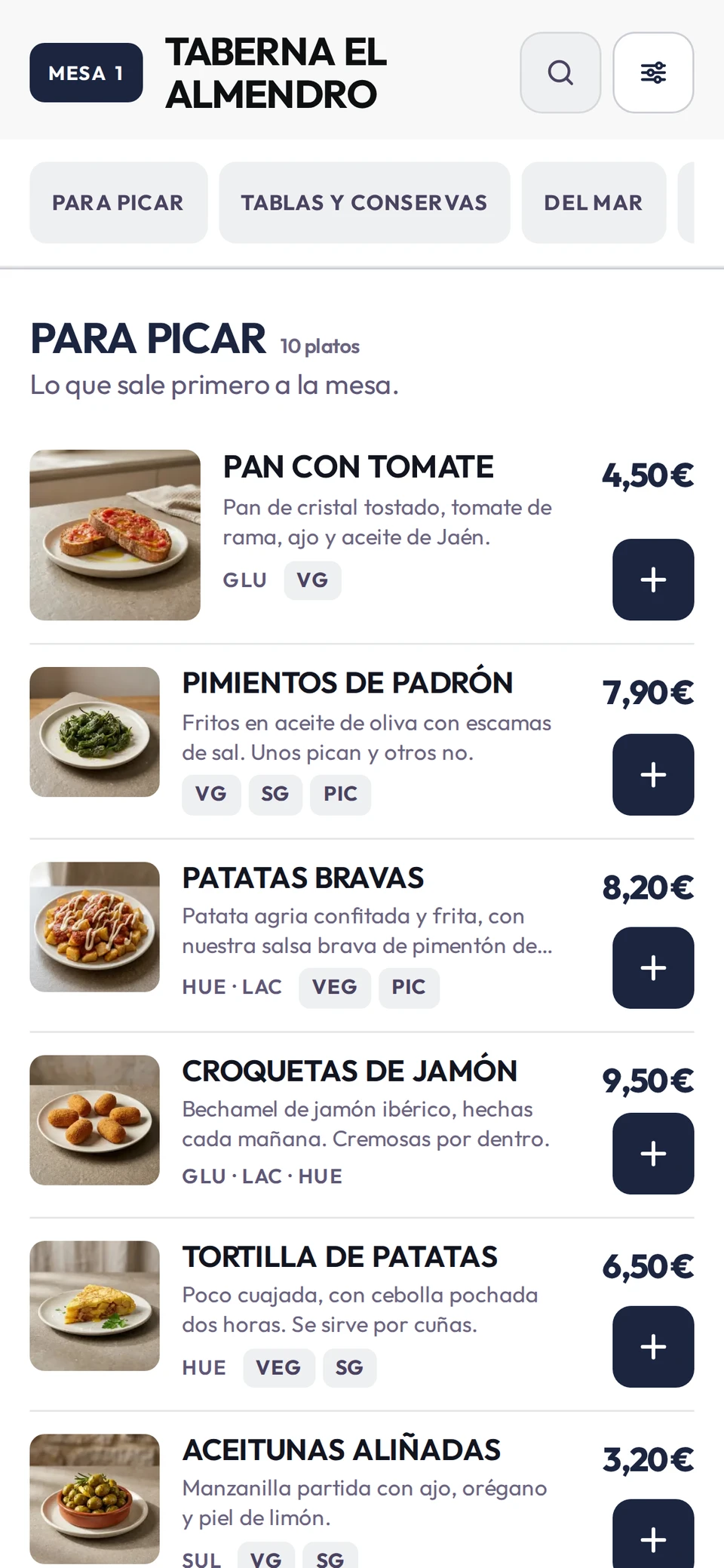 Carta de Taberna El Almendro en el teléfono del comensal, con la foto de las patatas bravas y su precio.